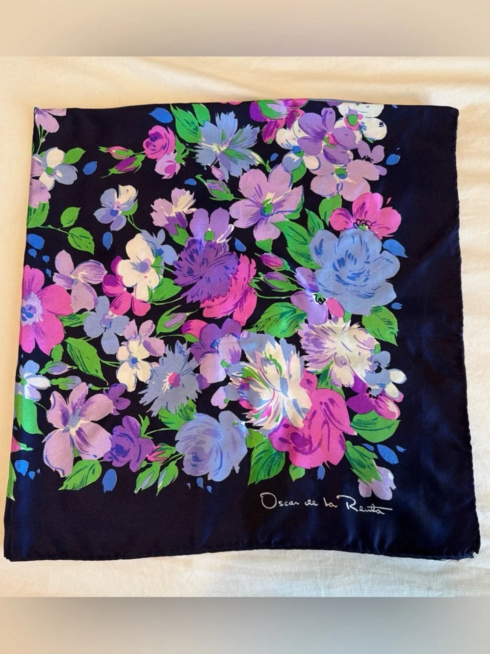 Oscar de la Renta Navy Floral Silk Scarf - Purple & Pink Blooms